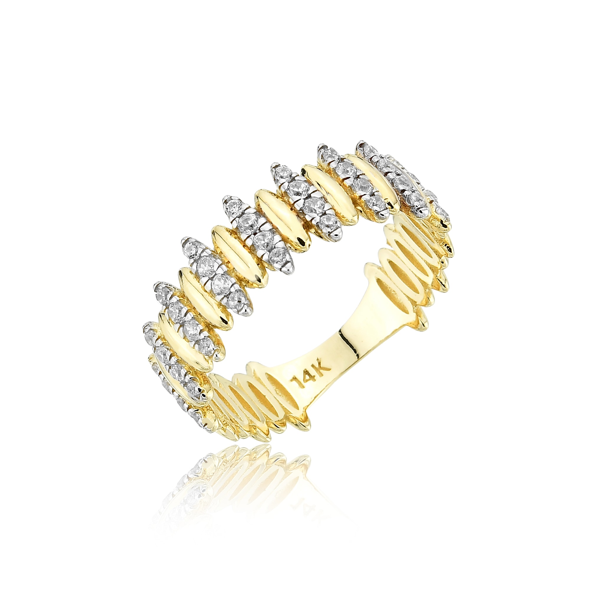 Reference image: Complex 14k gold band with alternating gold bars and diamond clusters